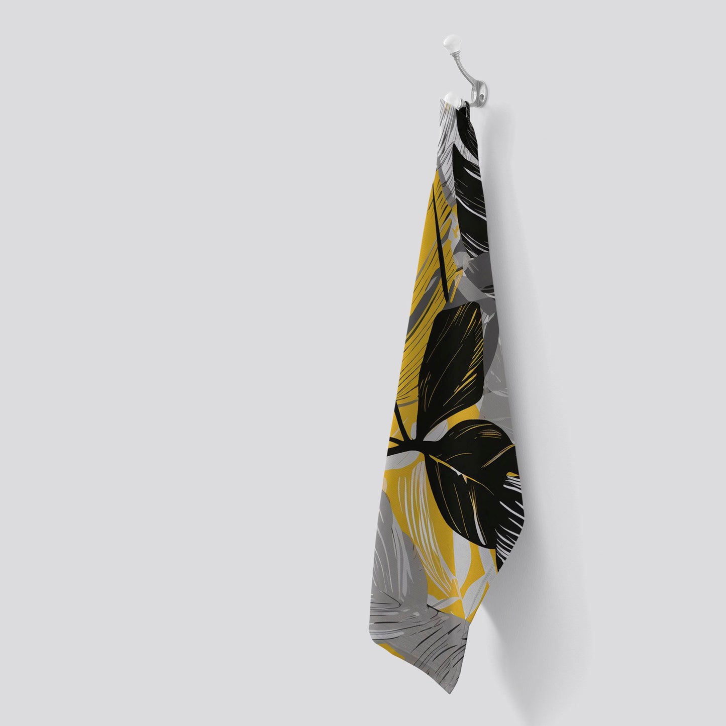 Grey Yellow Floral Leaves Tea Towel
