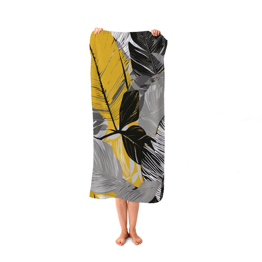 Grey Yellow Floral Leaves Beach Towel