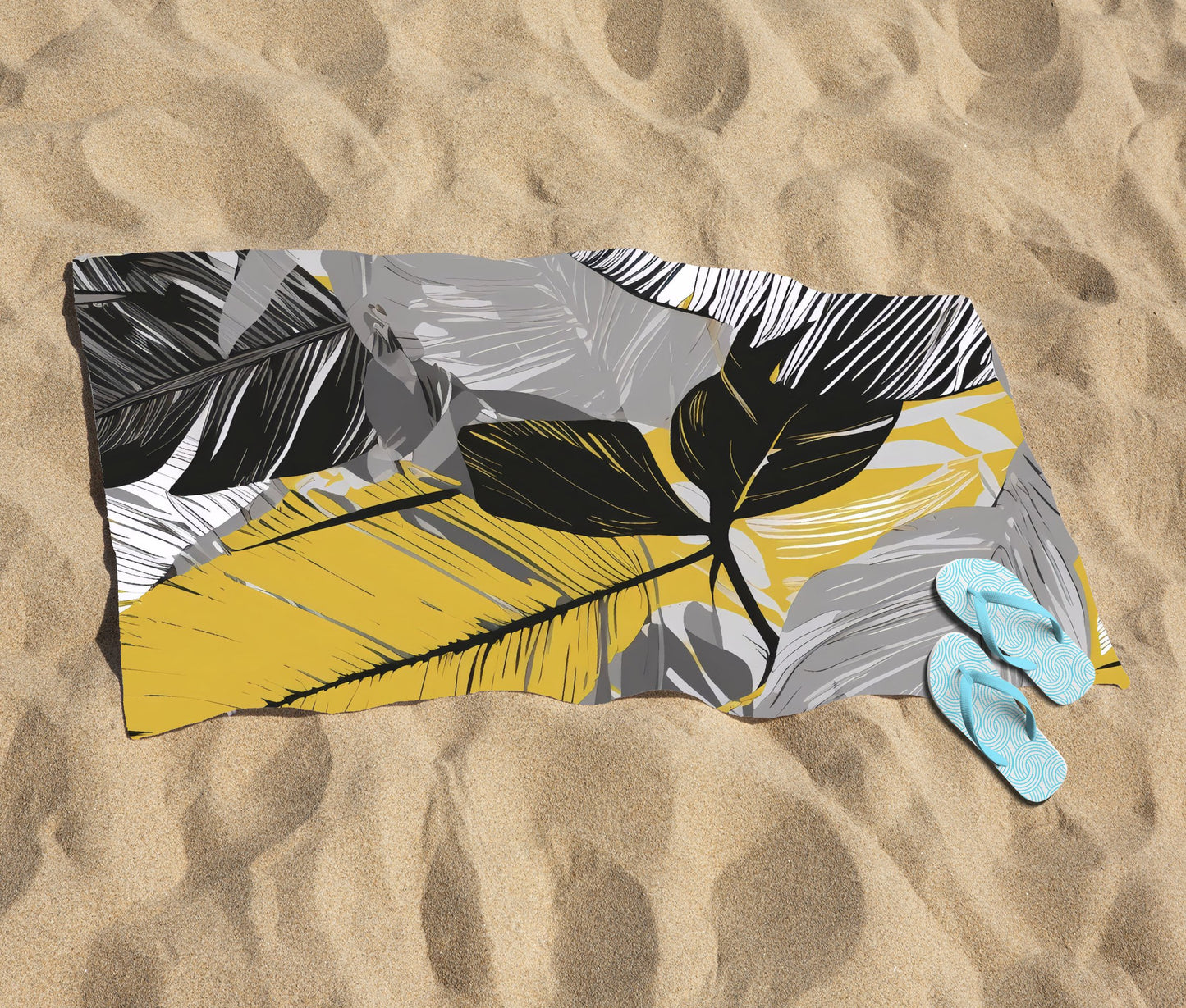 Grey Yellow Floral Leaves Beach Towel