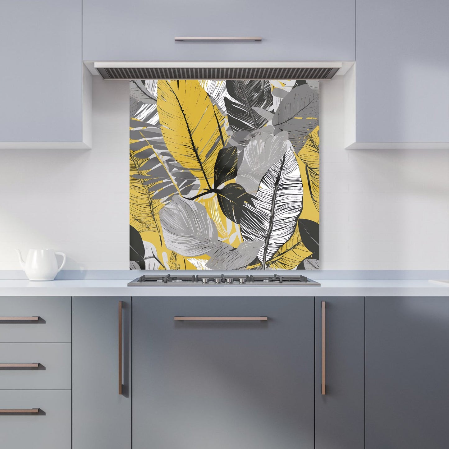 Grey Yellow Floral Leaves Kitchen Splashback