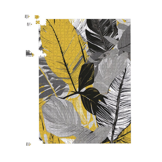 Grey Yellow Floral Leaves Jigsaw Puzzle