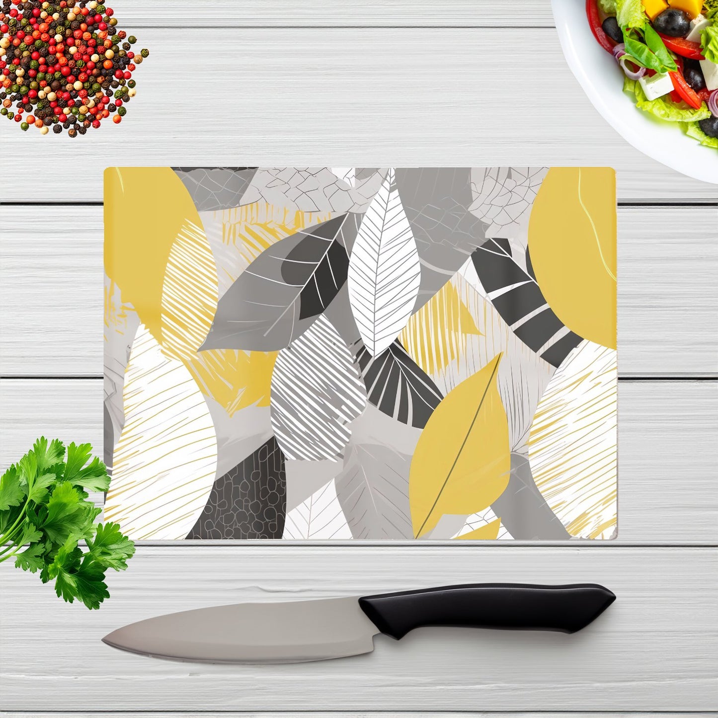 Grey Yellow Autumn Leaves Glass Chopping Board