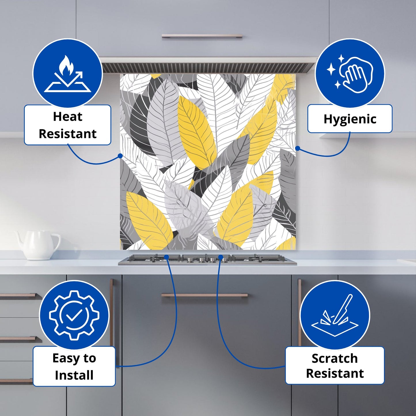Yellow Grey Feather Leaves Kitchen Splashback