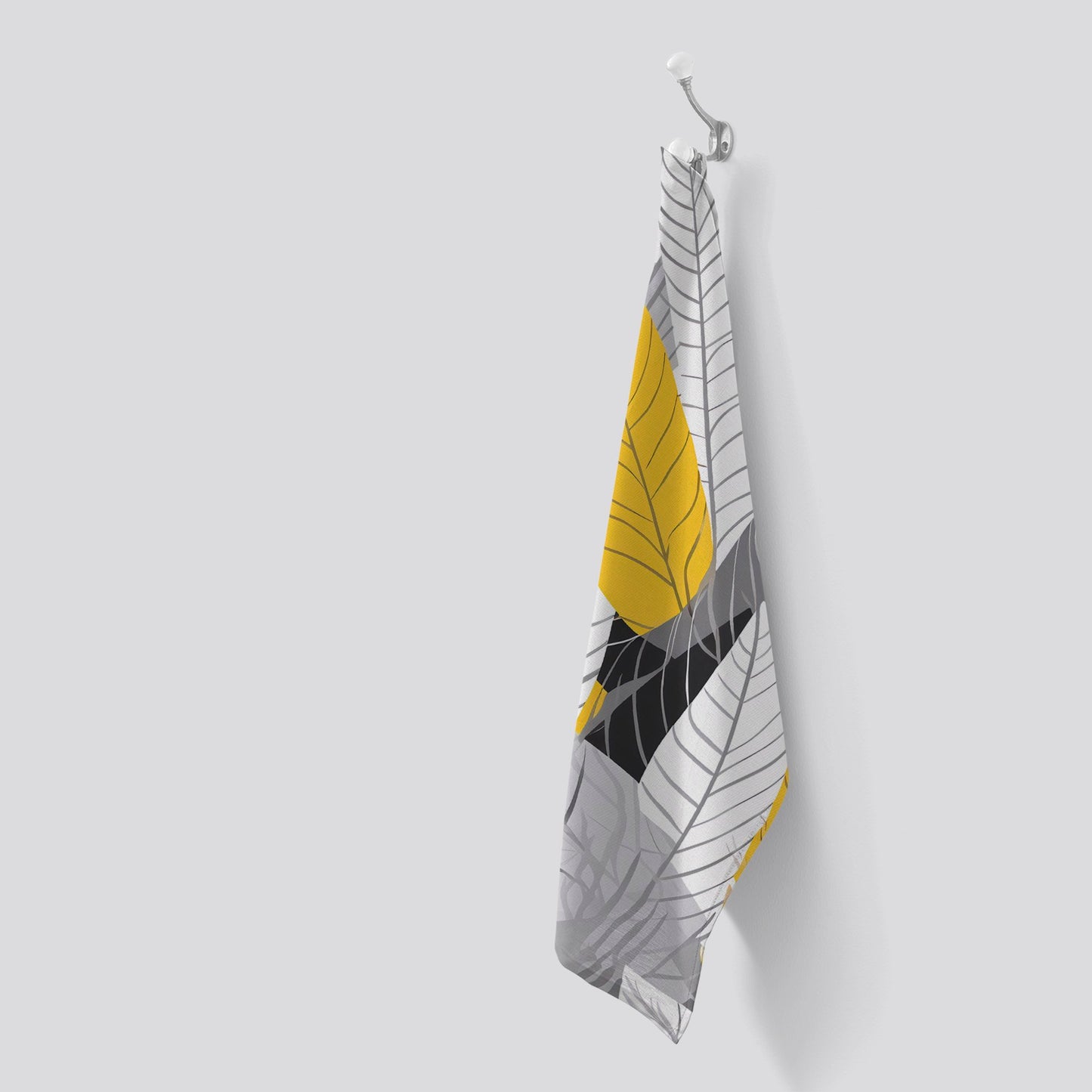 Yellow Grey Feather Leaves Tea Towel