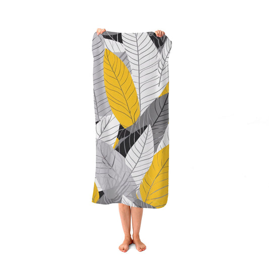 Yellow Grey Feather Leaves Beach Towel