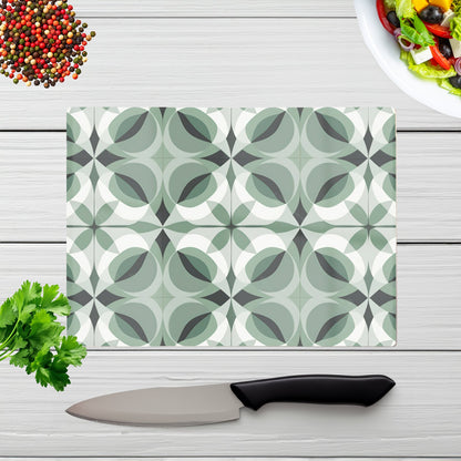 Geometric Green Grey Glass Chopping Board