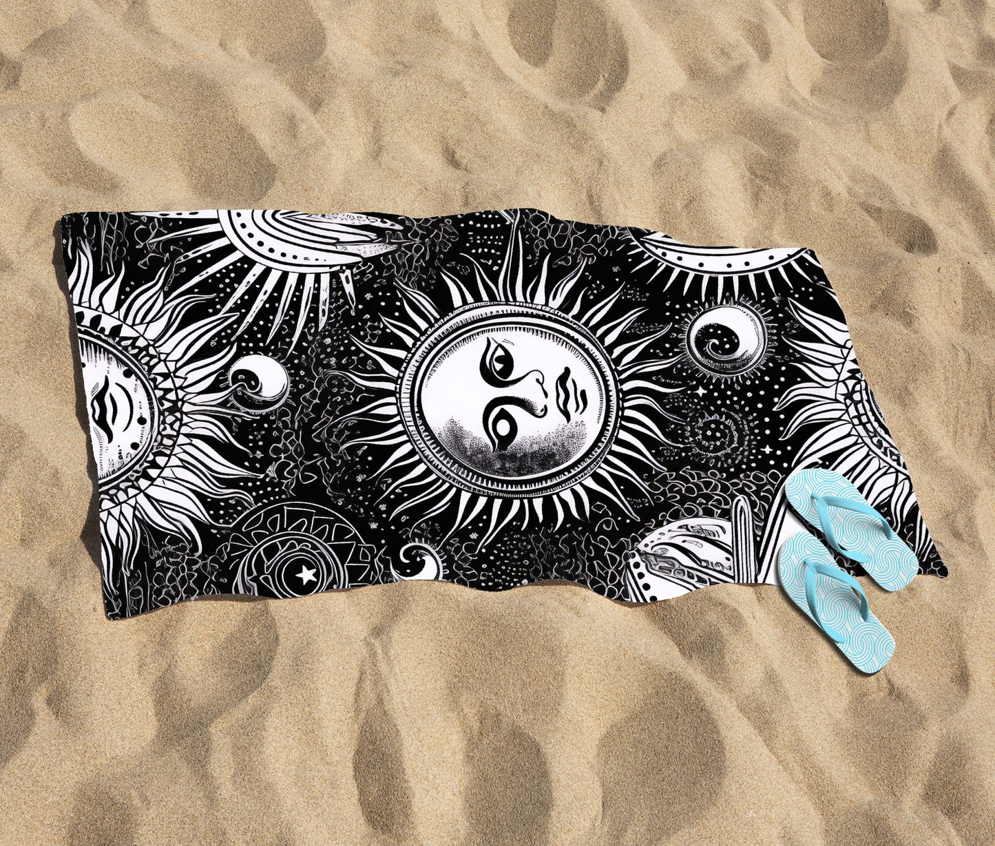 Moon and Sun Black White Beach Towel