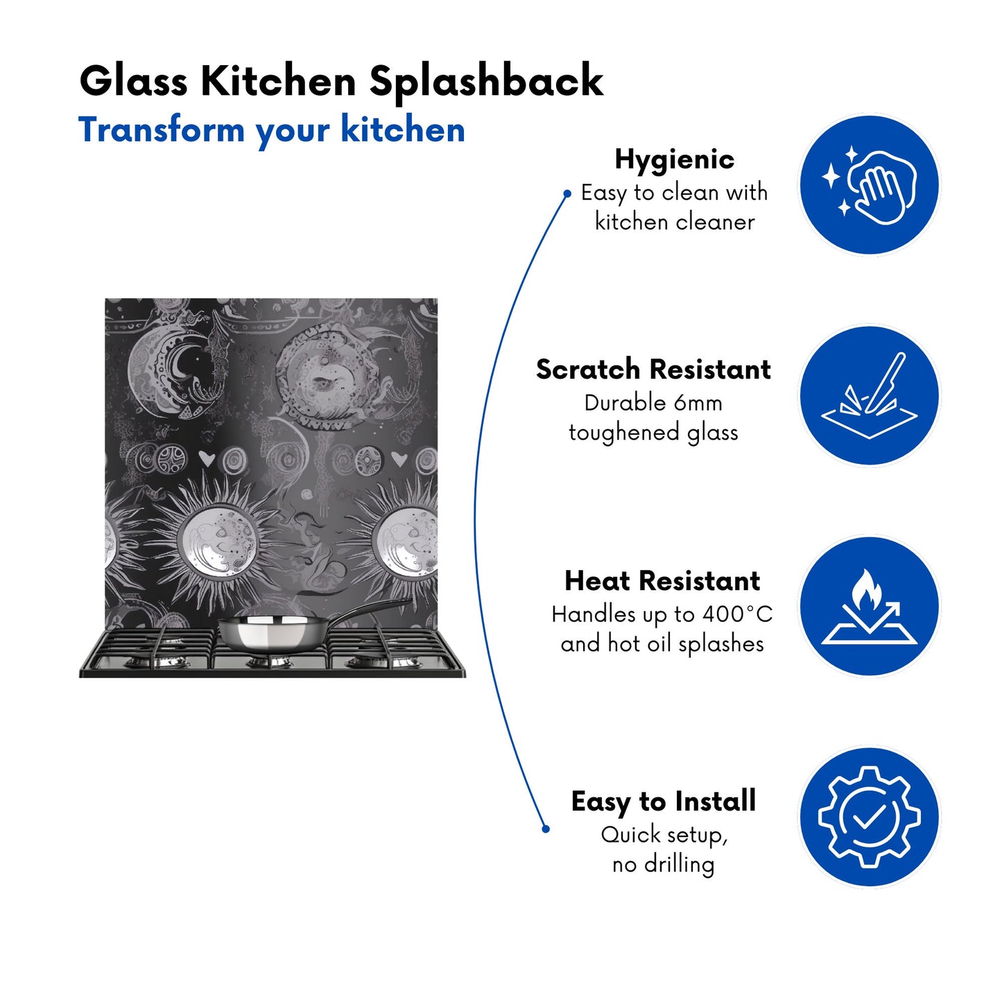 Black Grey Abstract Sun and Moon Kitchen Splashback