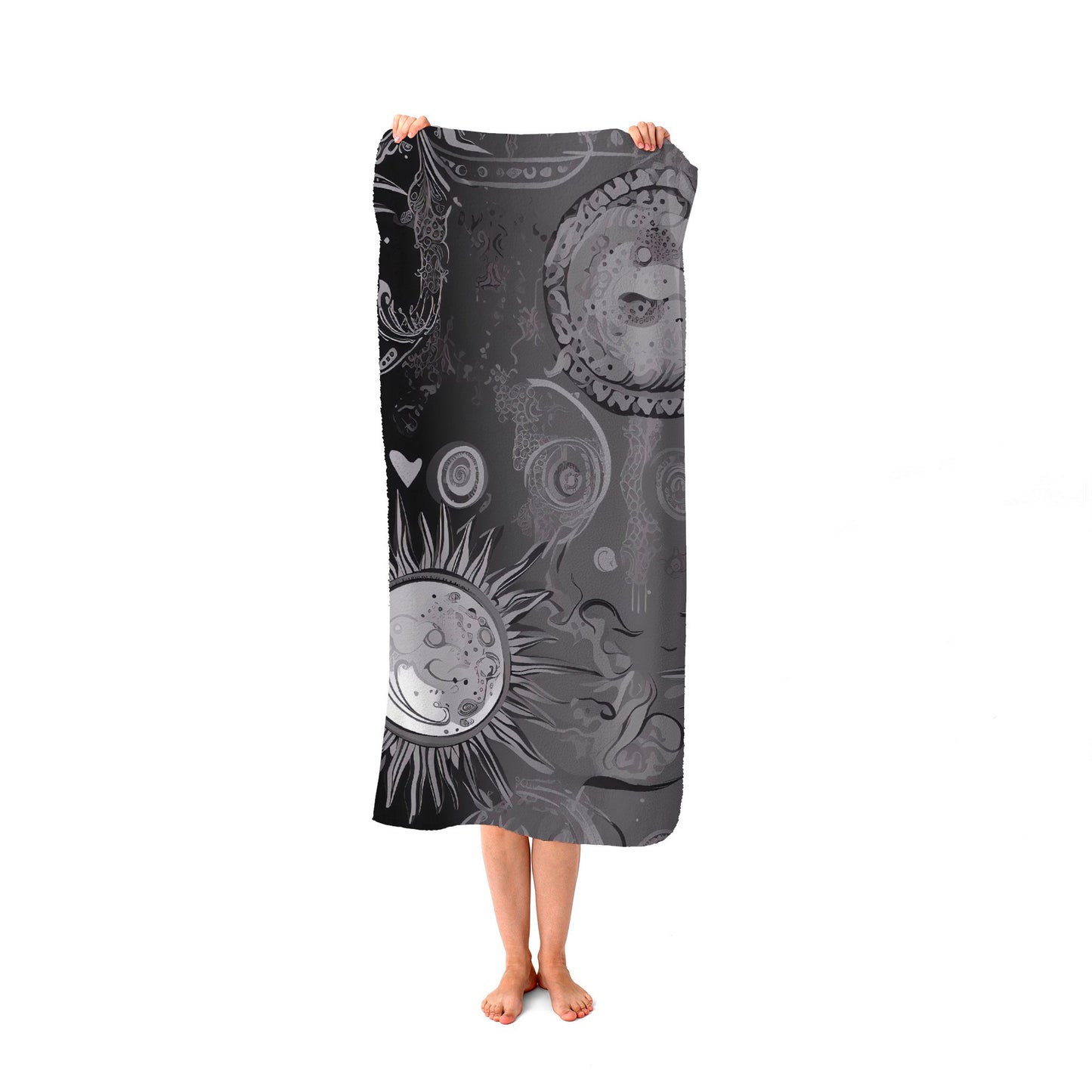 Black Grey Abstract Sun and Moon Beach Towel