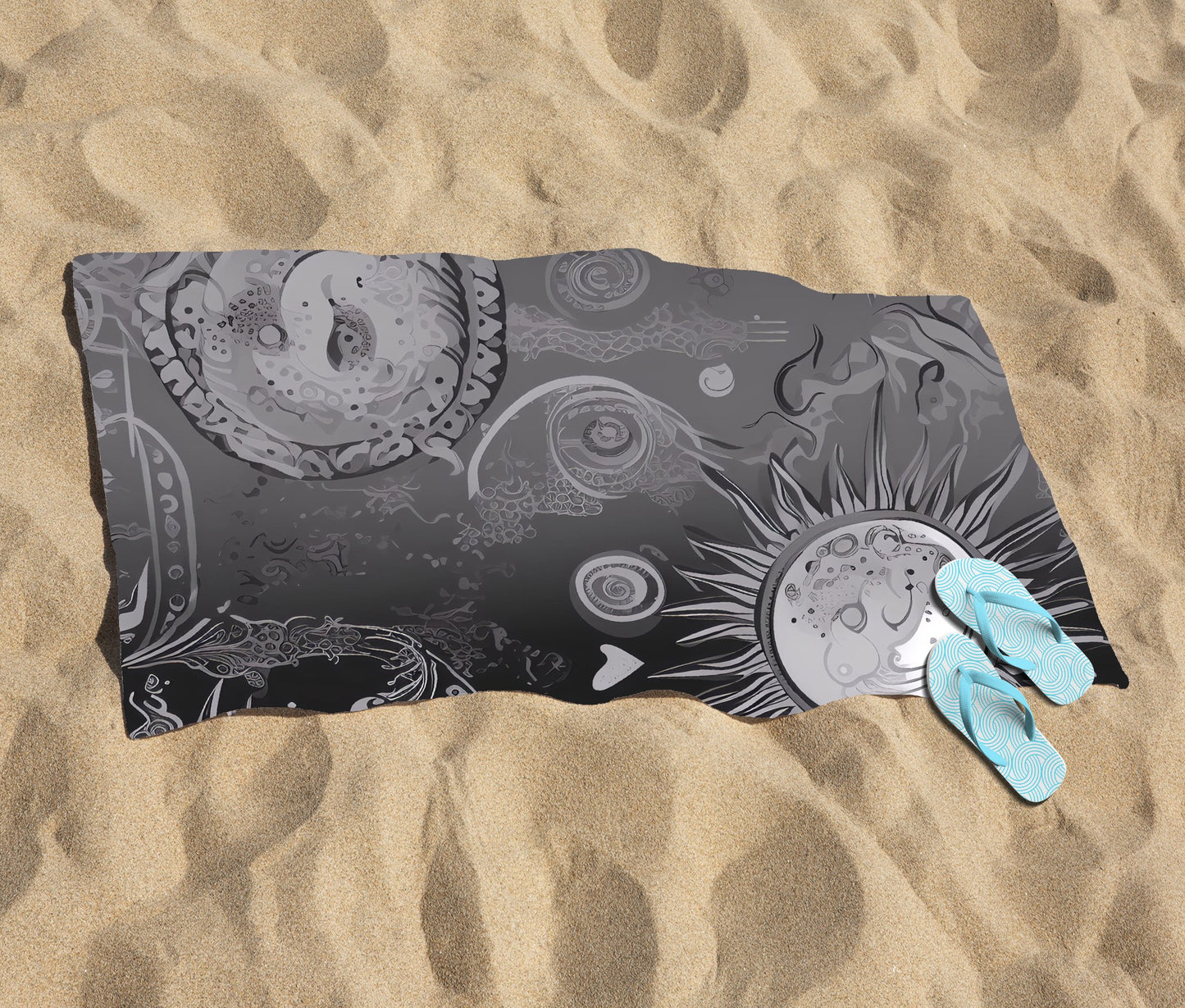 Black Grey Abstract Sun and Moon Beach Towel