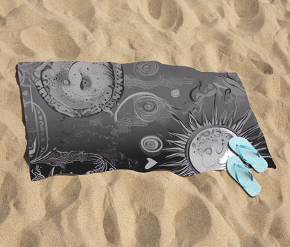 Black Grey Abstract Sun and Moon Beach Towel