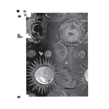Black Grey Abstract Sun and Moon Jigsaw Puzzle
