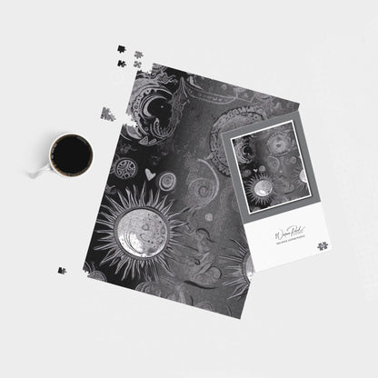 Black Grey Abstract Sun and Moon Jigsaw Puzzle