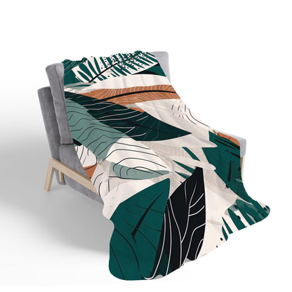 Autumn Tropical Leaves Green Brown Sherpa Blanket