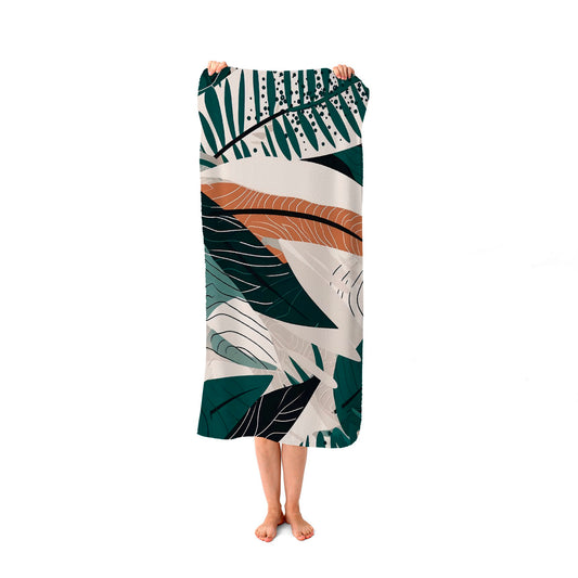 Autumn Tropical Leaves Green Brown Beach Towel
