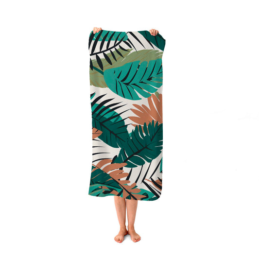 Tropical Floral Leaves Green Brown Beach Towel