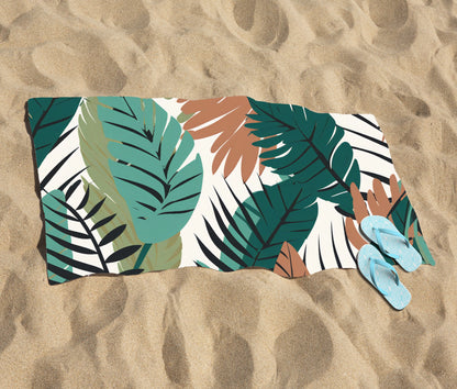 Tropical Floral Leaves Green Brown Beach Towel