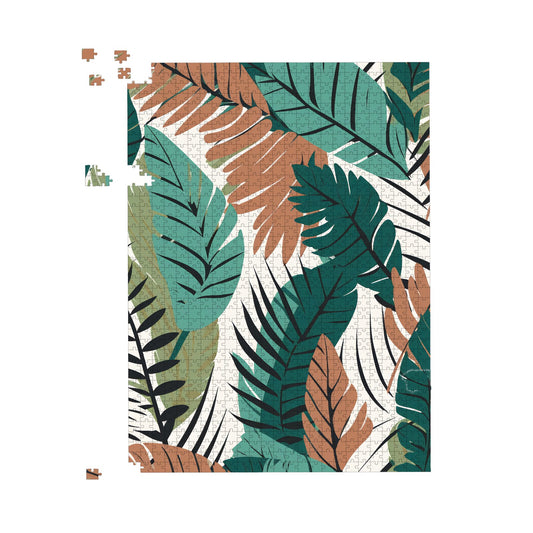 Tropical Floral Leaves Green Brown Jigsaw Puzzle