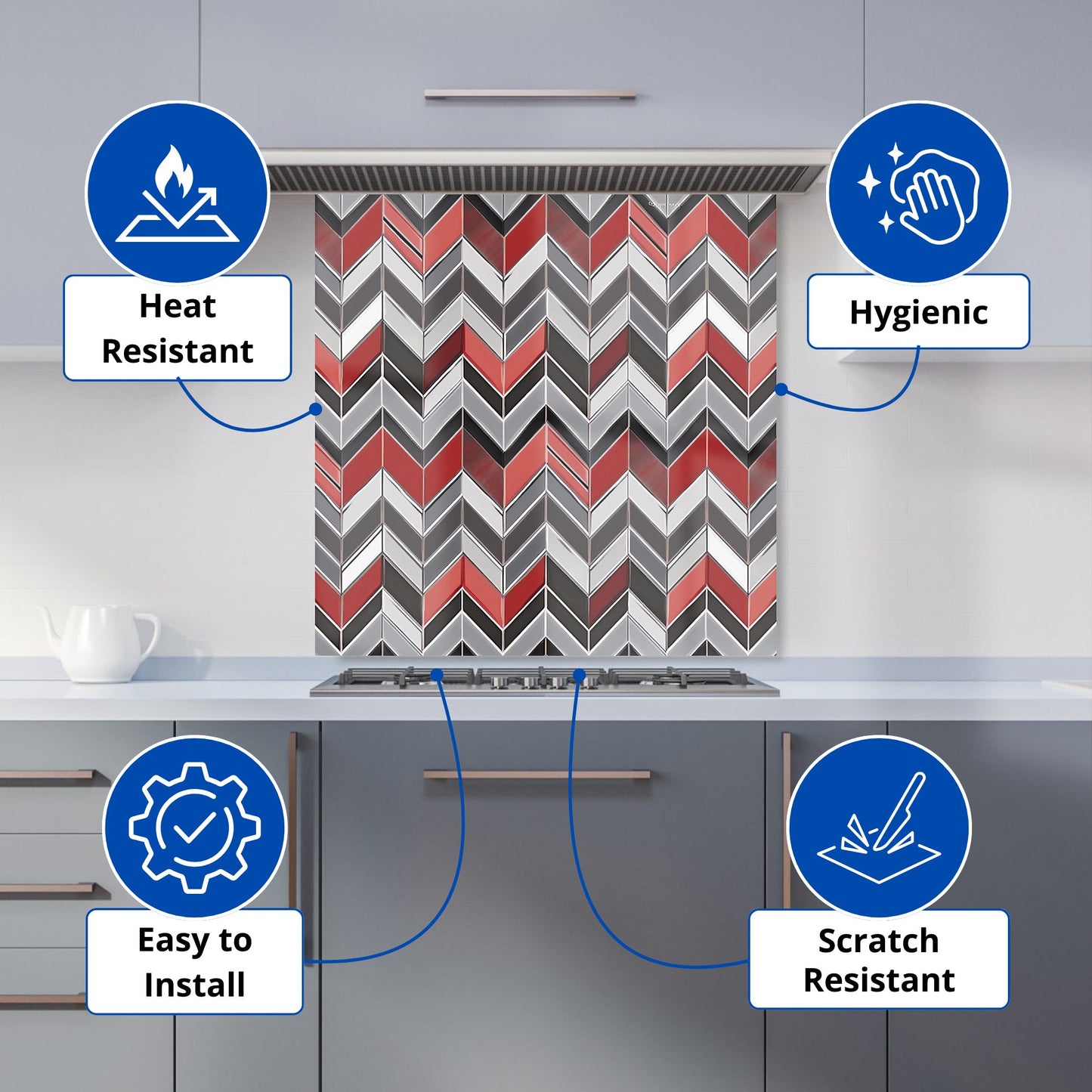 Red Grey Geometric Pattern Kitchen Splashback