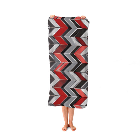 Red Grey Geometric Pattern Beach Towel