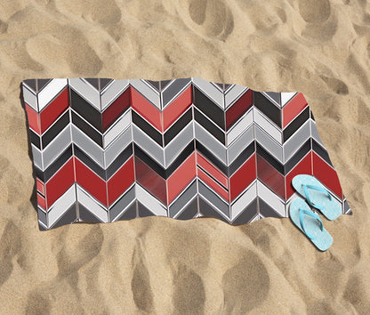 Red Grey Geometric Pattern Beach Towel