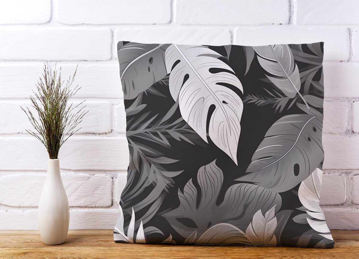Black White Tropical Leaves Cushions