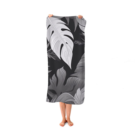 Black White Tropical Leaves Beach Towel