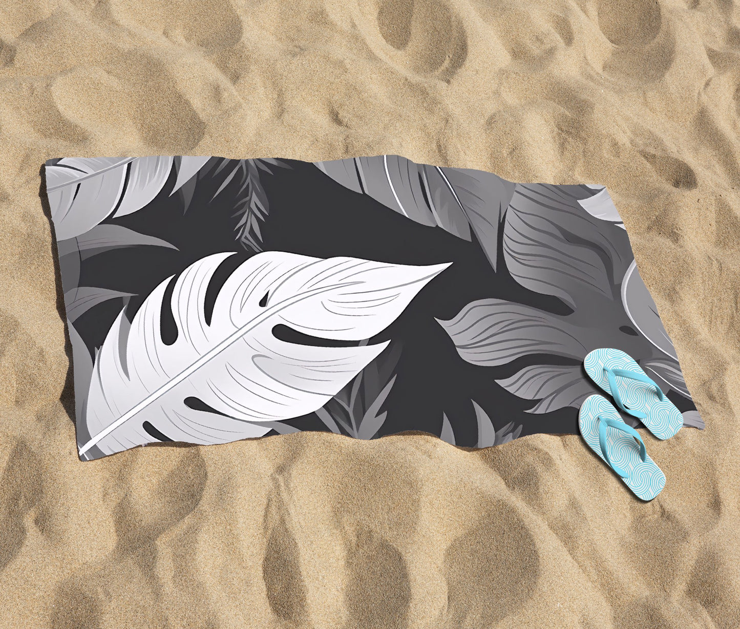 Black White Tropical Leaves Beach Towel