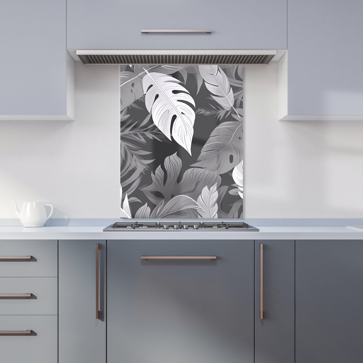 Black White Tropical Leaves Kitchen Splashback