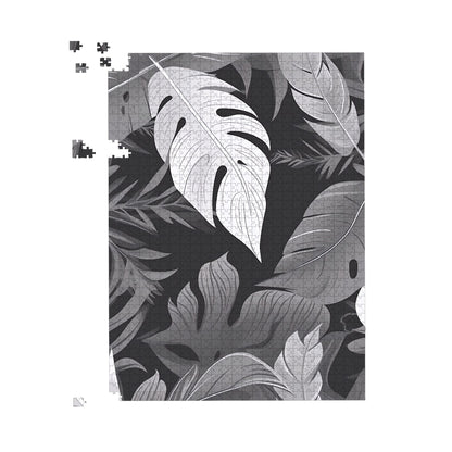 Black White Tropical Leaves Jigsaw Puzzle