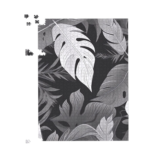 Black White Tropical Leaves Jigsaw Puzzle