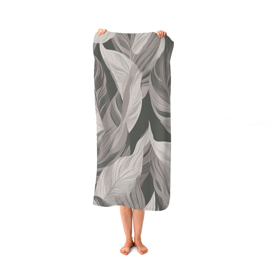 Grey Floral Leaves Beach Towel