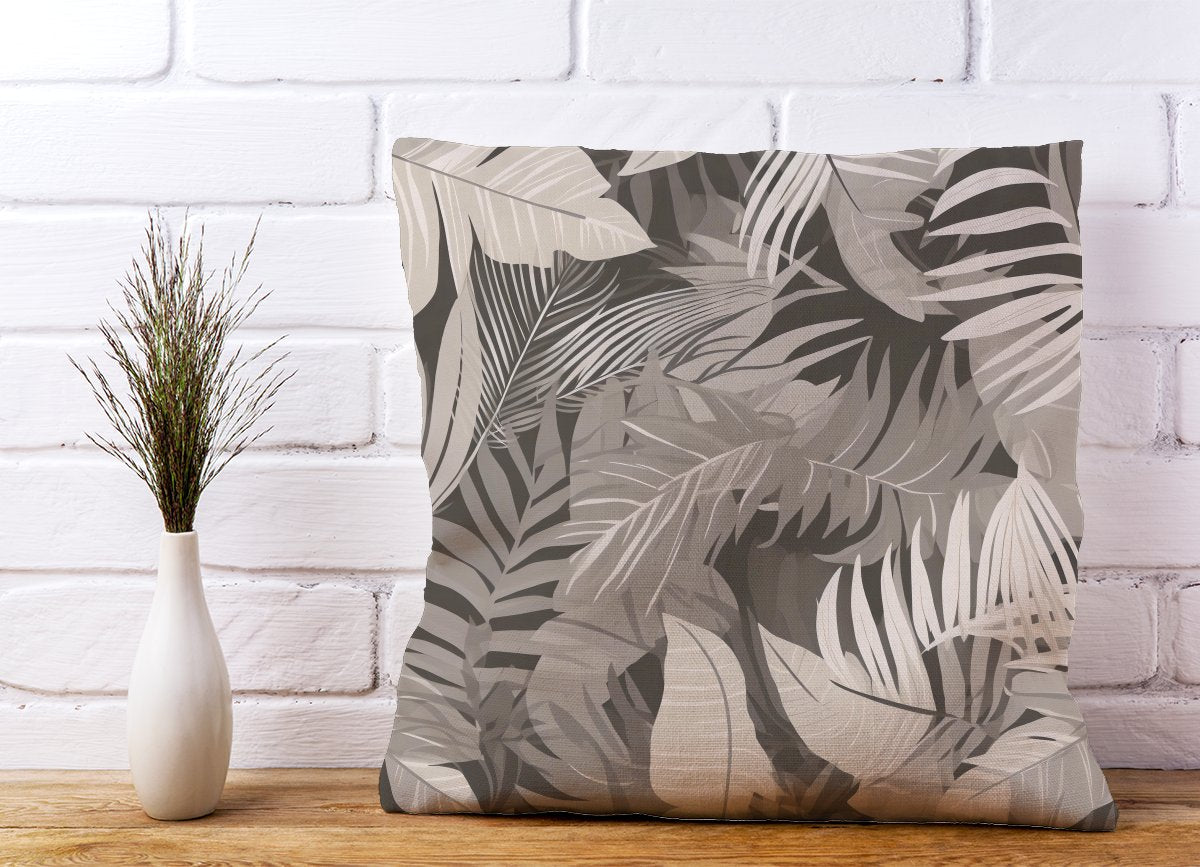 Grey Brown Tropical Leaves Cushions