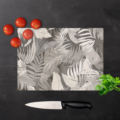 Grey Brown Tropical Leaves Glass Chopping Board