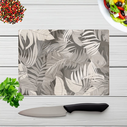 Grey Brown Tropical Leaves Glass Chopping Board