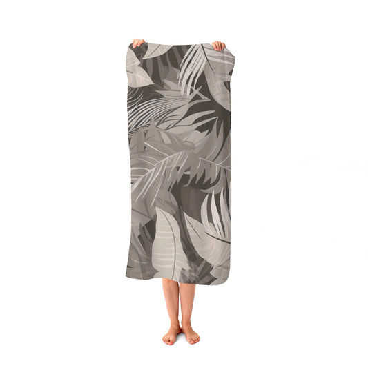 Grey Brown Tropical Leaves Beach Towel