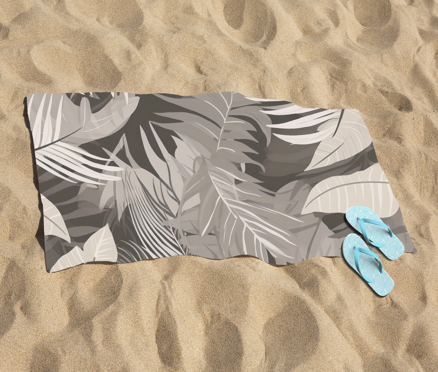 Grey Brown Tropical Leaves Beach Towel
