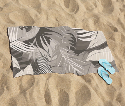 Grey Brown Tropical Leaves Beach Towel