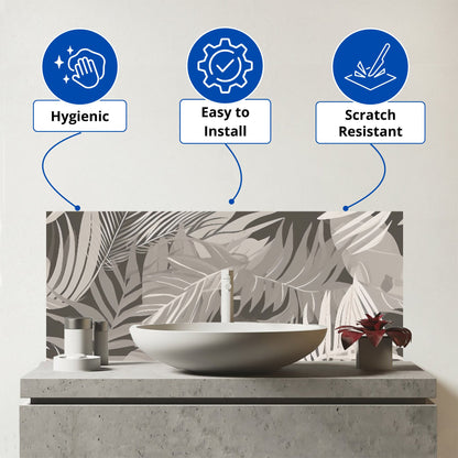 Grey Brown Tropical Leaves Glass Bathroom Splashback