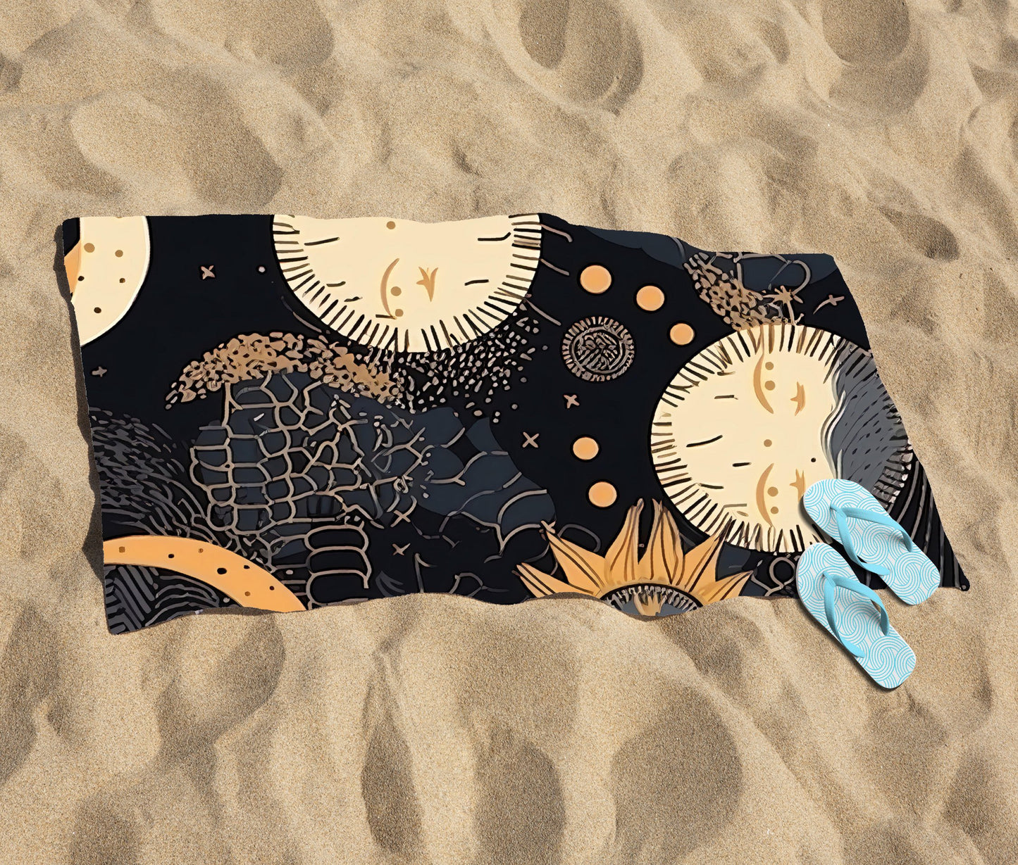 Gold Sun and Moon Beach Towel