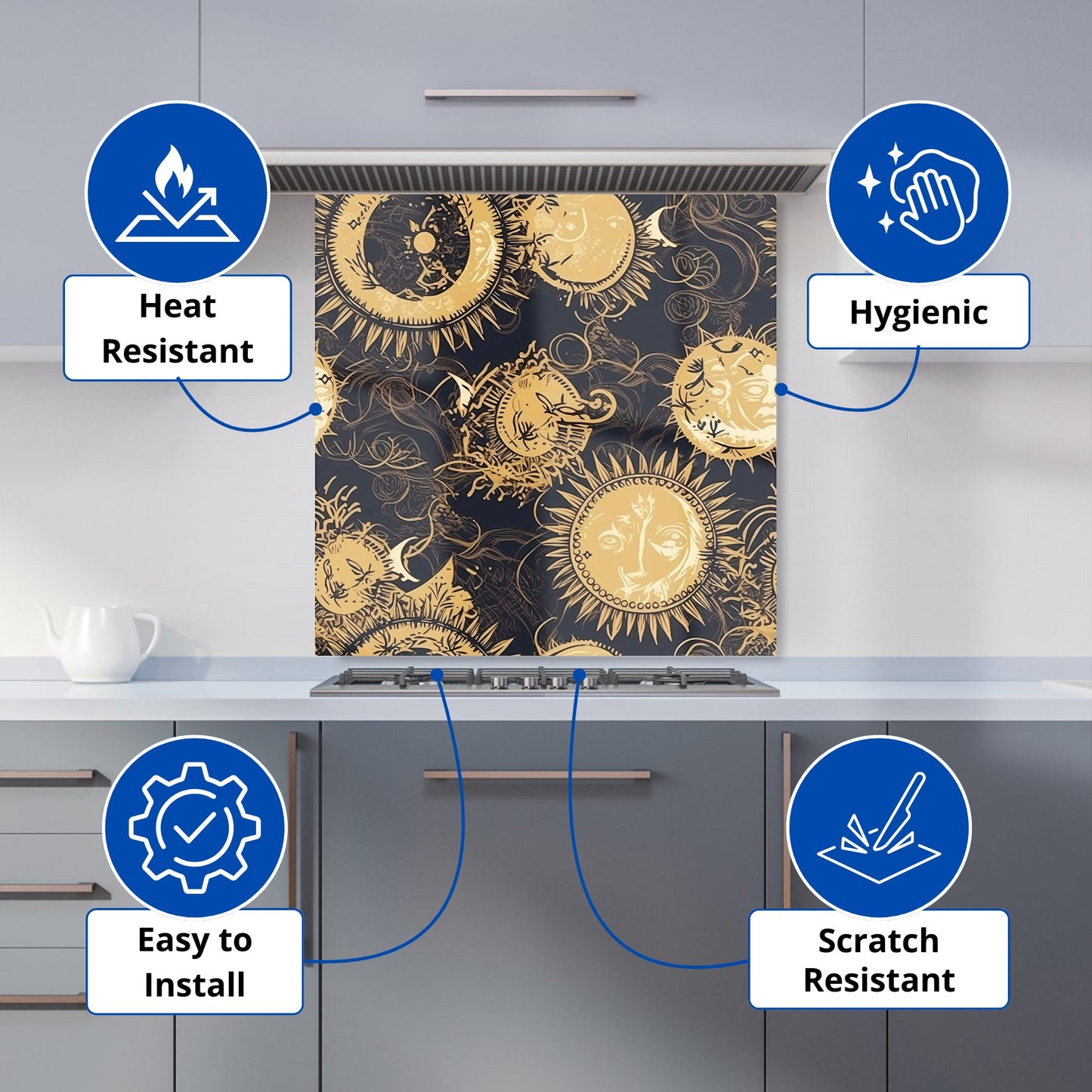 Moon and Sun Gold Blue Kitchen Splashback
