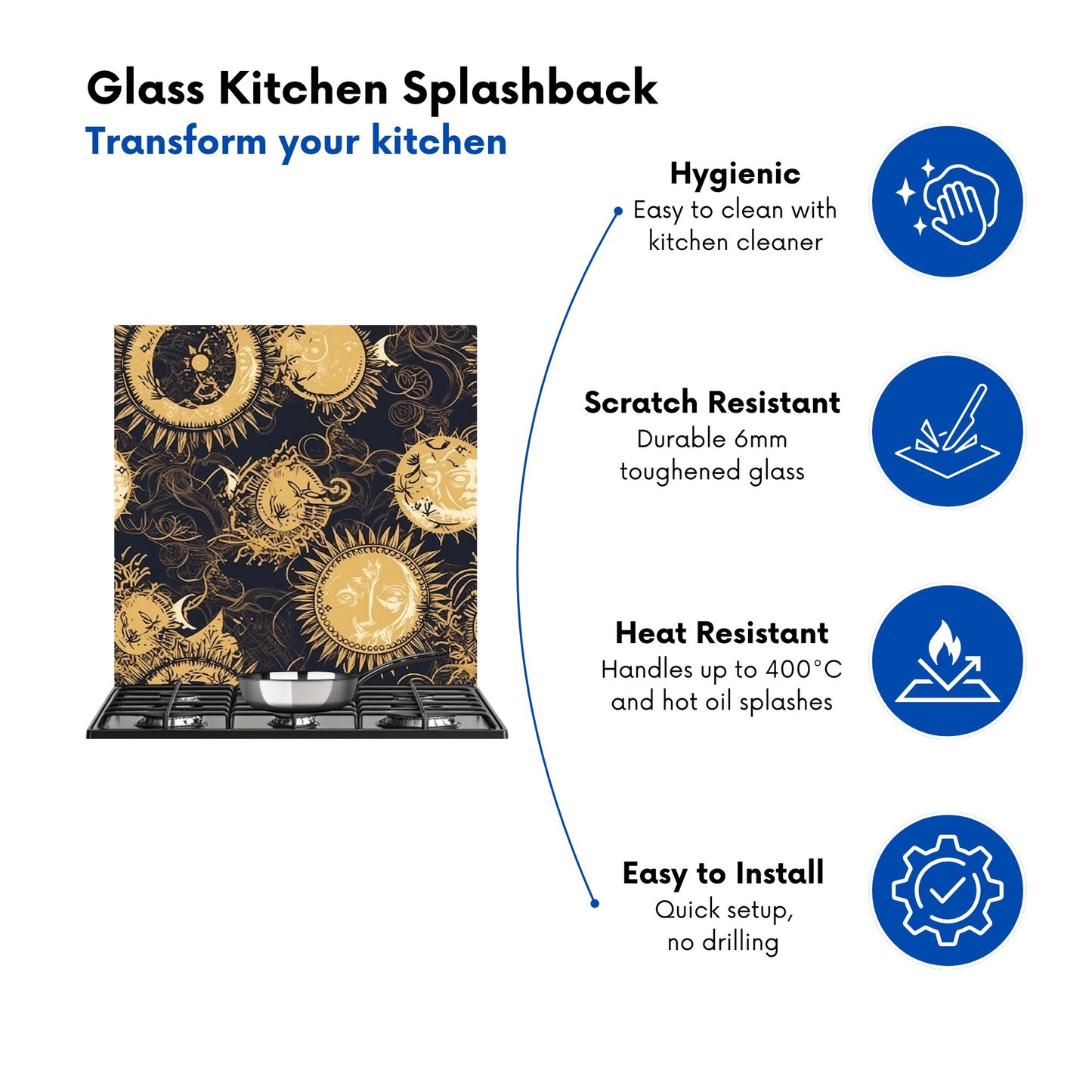 Moon and Sun Gold Blue Kitchen Splashback