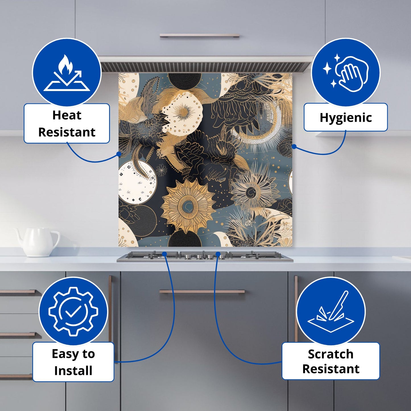 Abstract Blue Gold Moon Sun Kitchen Splashback