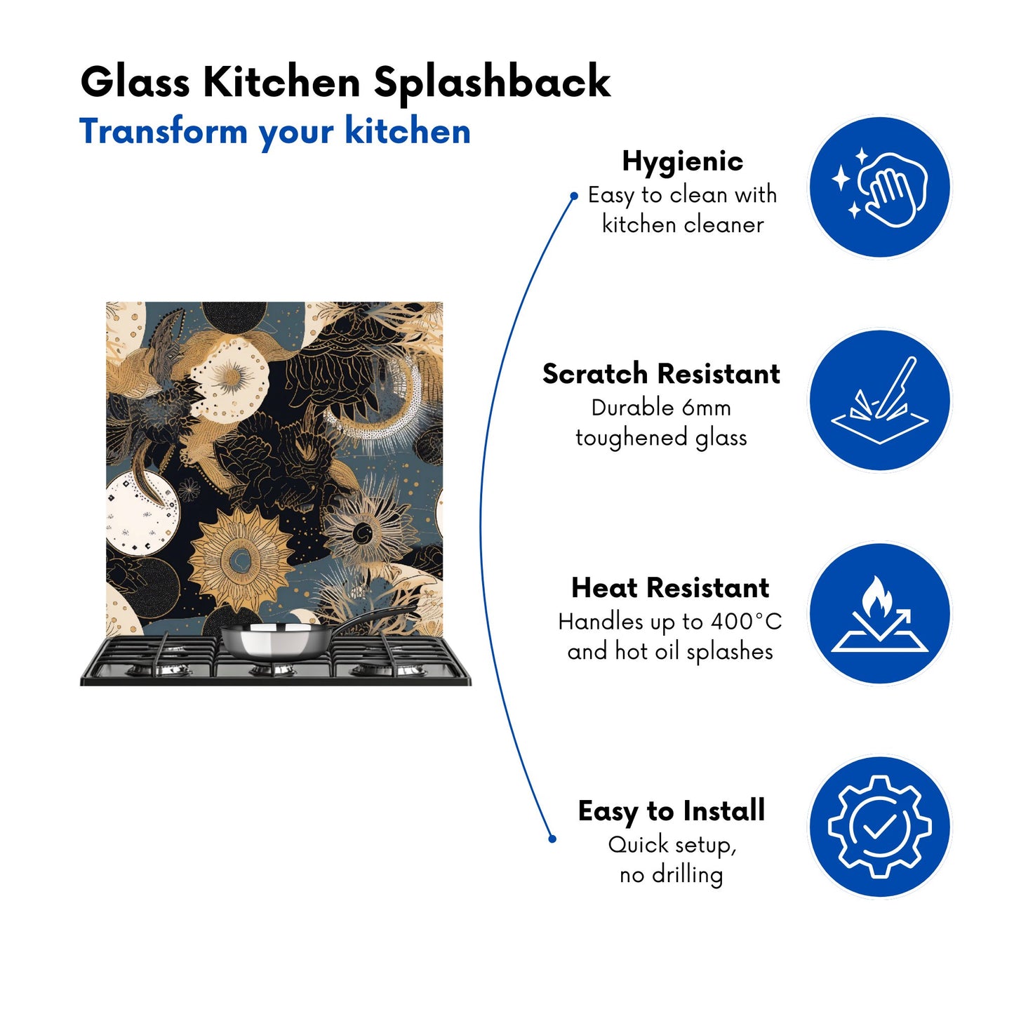 Abstract Blue Gold Moon Sun Kitchen Splashback