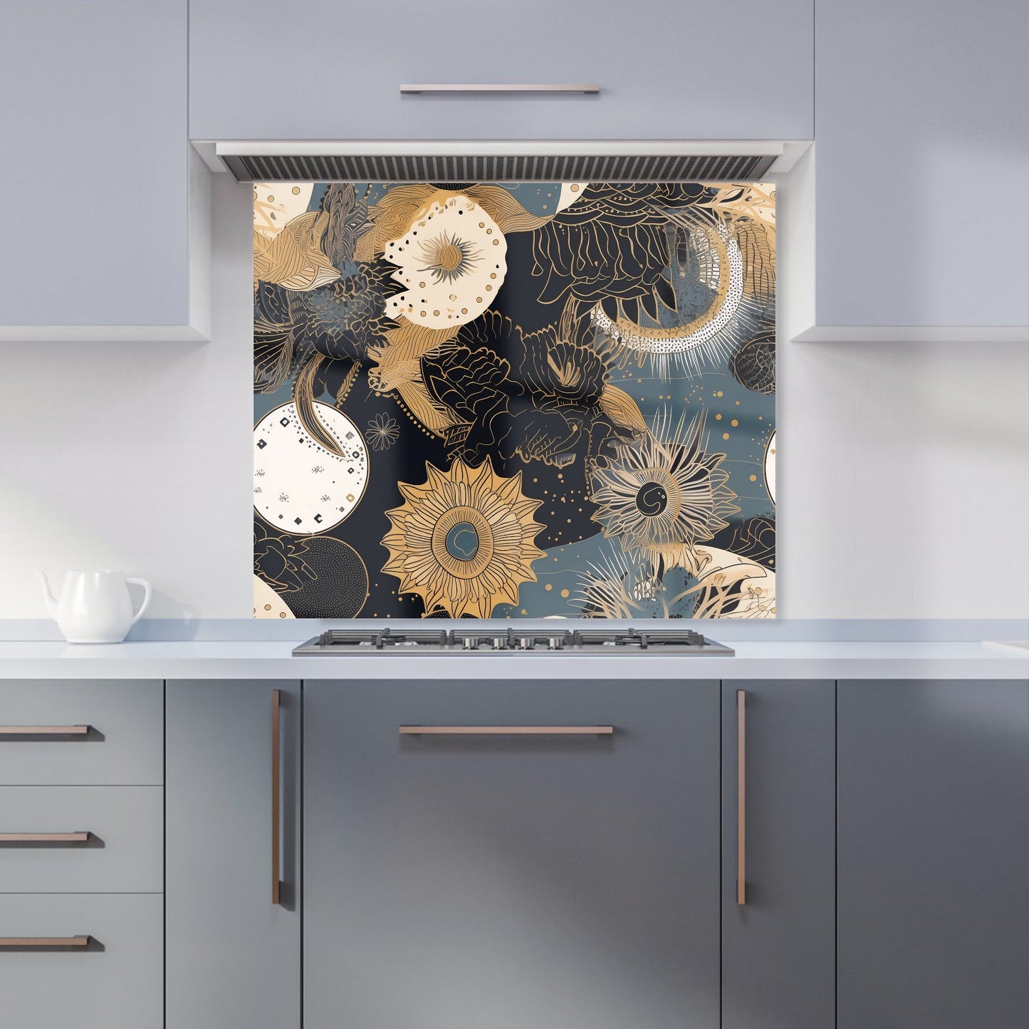 Abstract Blue Gold Moon Sun Kitchen Splashback