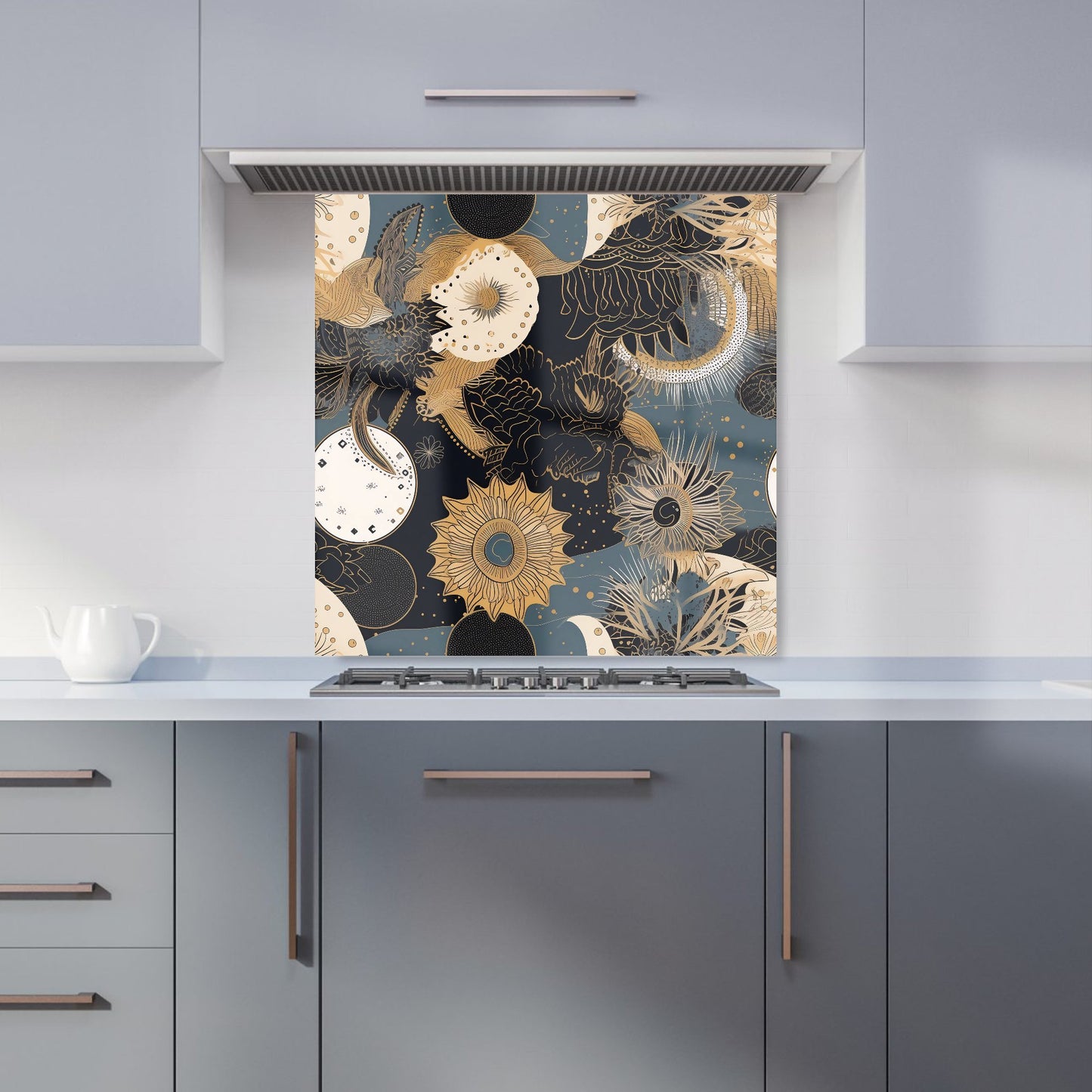 Abstract Blue Gold Moon Sun Kitchen Splashback