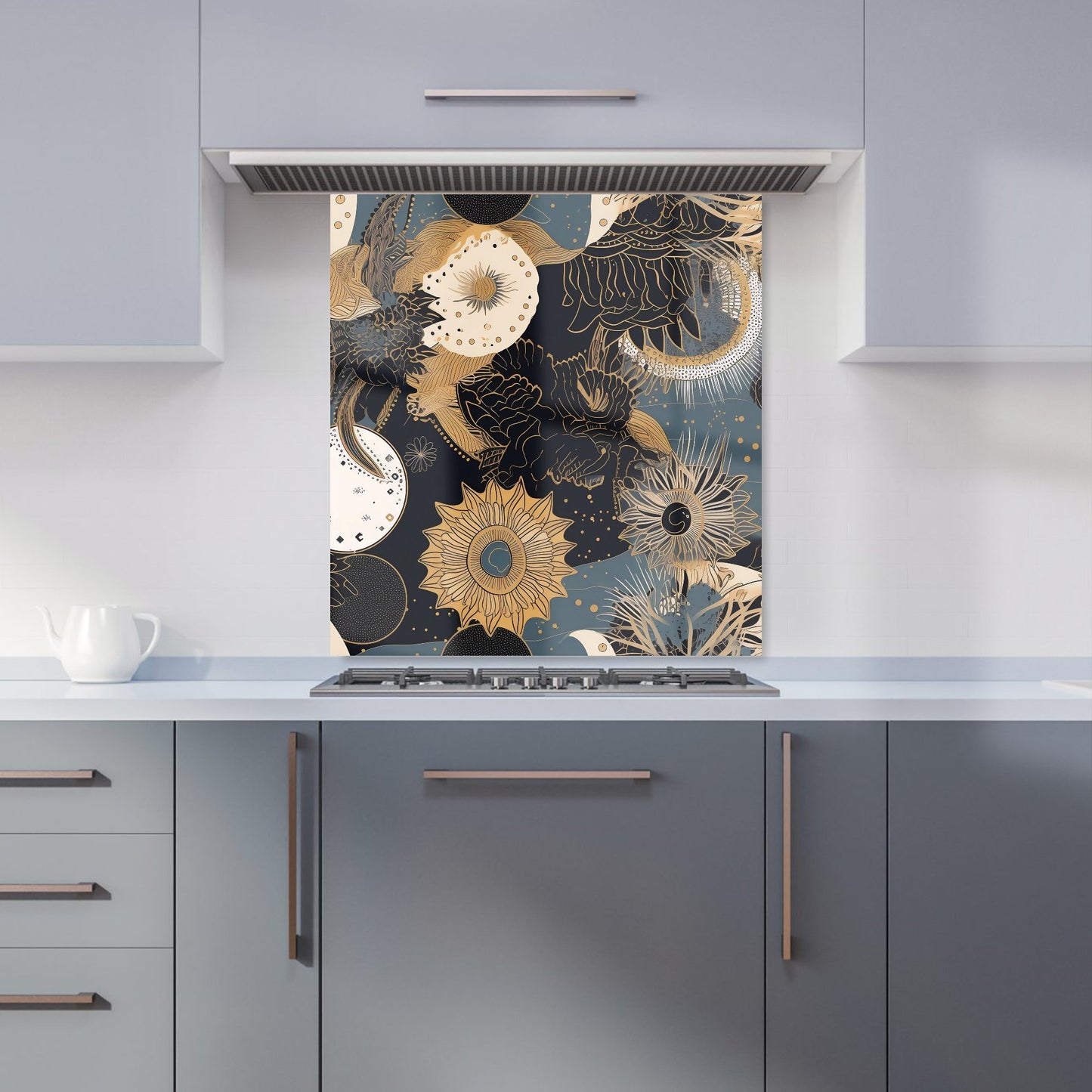 Abstract Blue Gold Moon Sun Kitchen Splashback