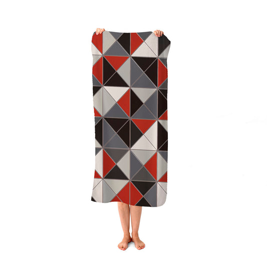 Grey Red Triangle Geometric Beach Towel