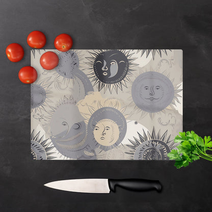 Grey Black Abstract Moon And Sun Glass Chopping Board