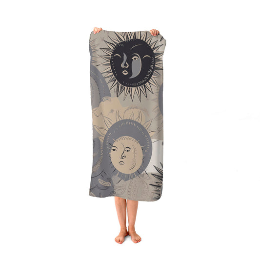 Grey Black Abstract Moon and Sun Beach Towel